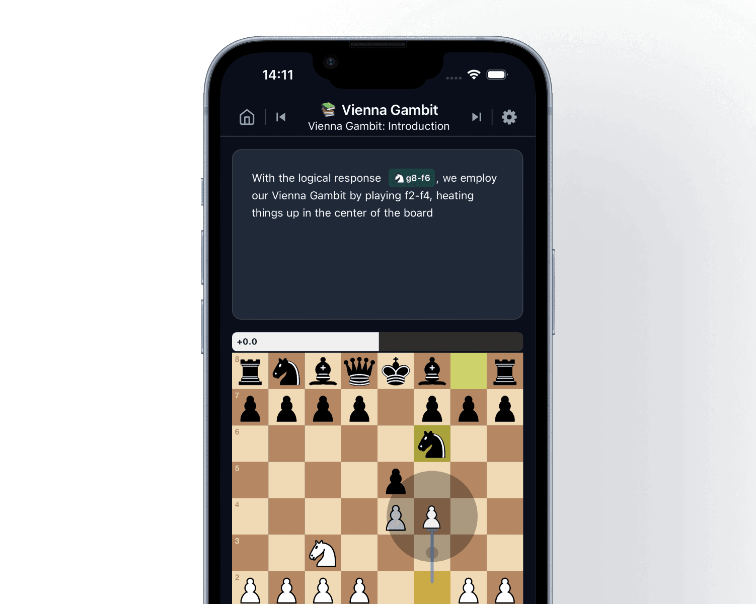 Theoria iOS app showing study mode for the Vienna Gambit with move commentary.