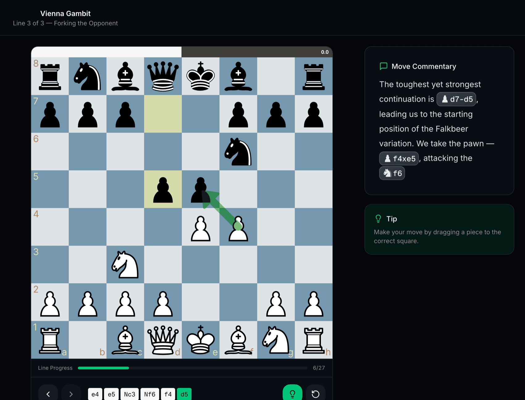 Theoria study mode in the browser: a Vienna Gambit line with a hint arrow on the board, a Stockfish evaluation bar and the FIDE Master's move commentary beside it.