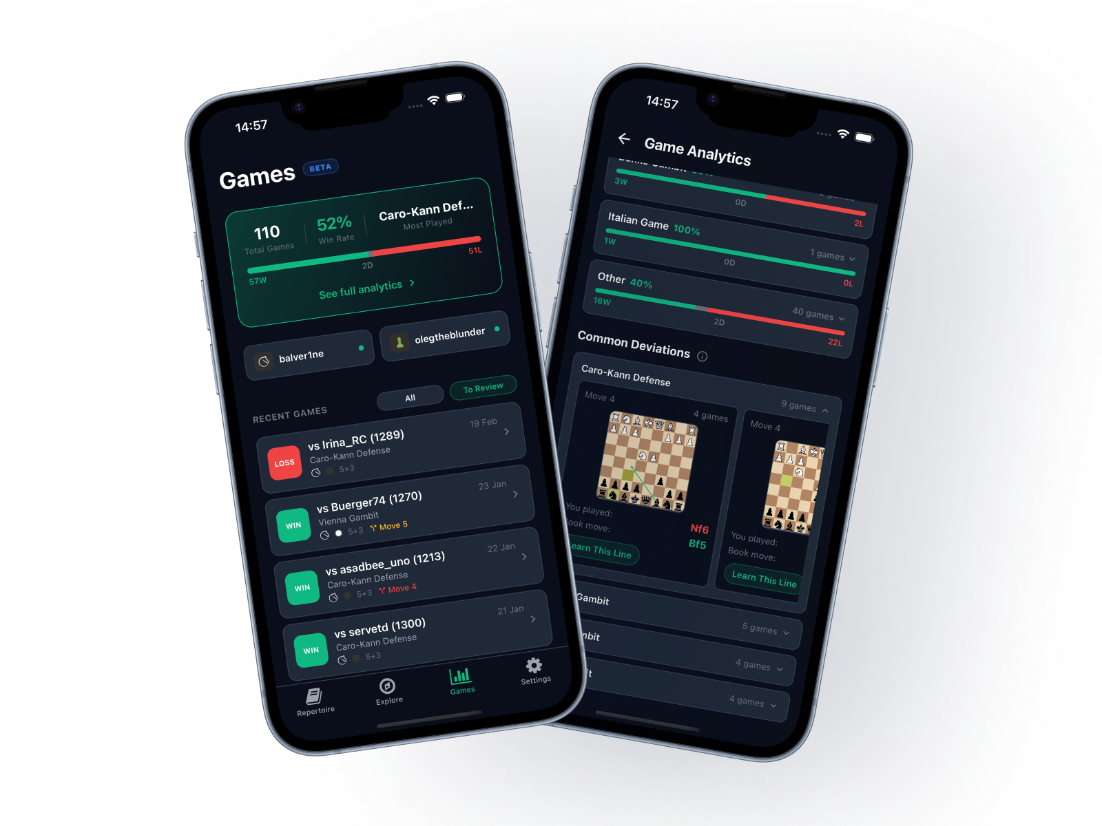 Theoria game import analytics showing recurring opening deviations and mistakes.