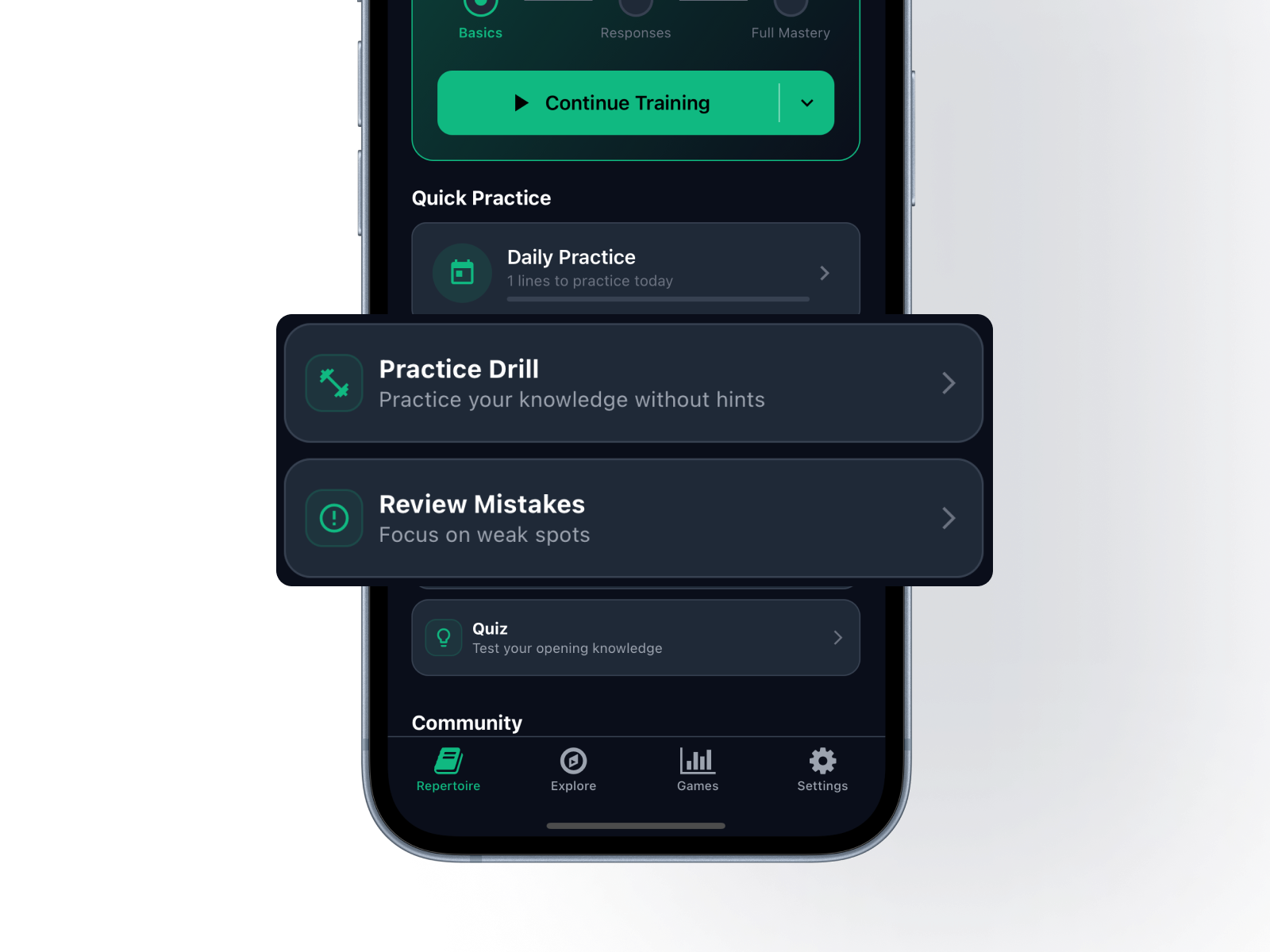 Theoria practice mode with mistake-first drill queue and progress feedback.