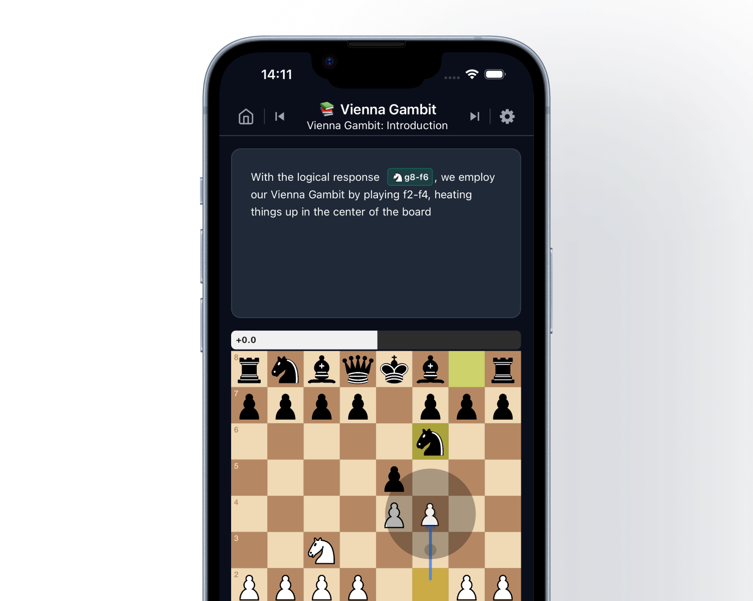 Theoria study mode showing chessboard, suggested move arrows, and explanation text.